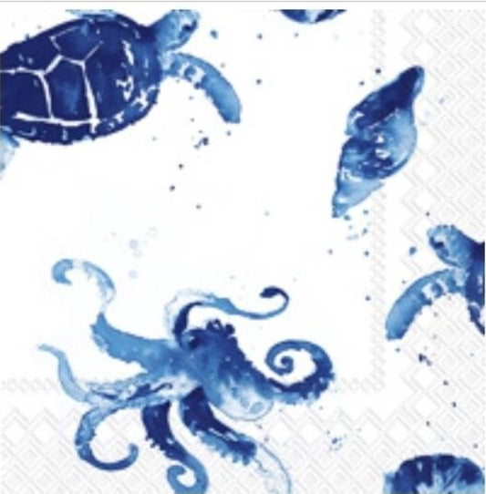 Blue & White Turtle & Octopus Cocktail Size Napkins