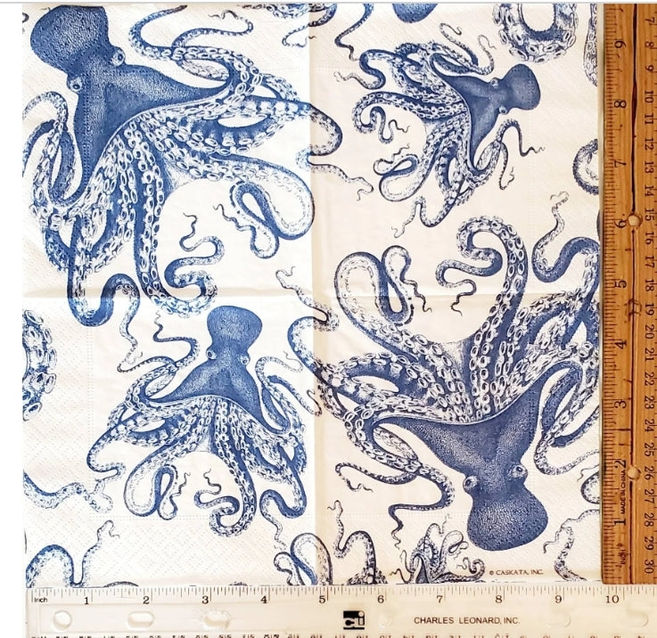 Blue & White Octopus Cocktail Size Napkins