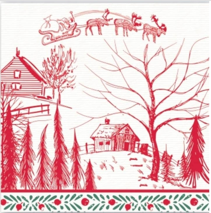 Santa & Reindeer Over Barn Cocktail Size Napkins