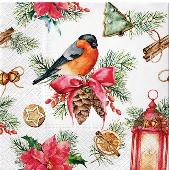 Bullfinch Lantern & Poinsettia Luncheon Size Napkins