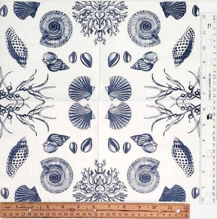 Blue & White Sea Shell Luncheon Size Napkins