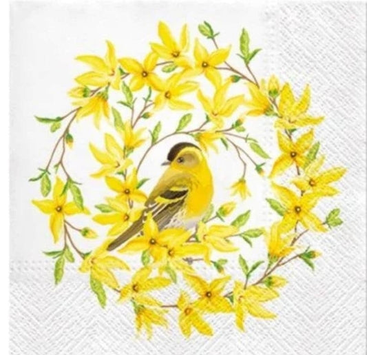 Bird in Forsythia Wreath Luncheon Size Napkins