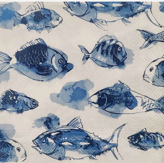 Blue & White Fish Cocktail Size Napkins