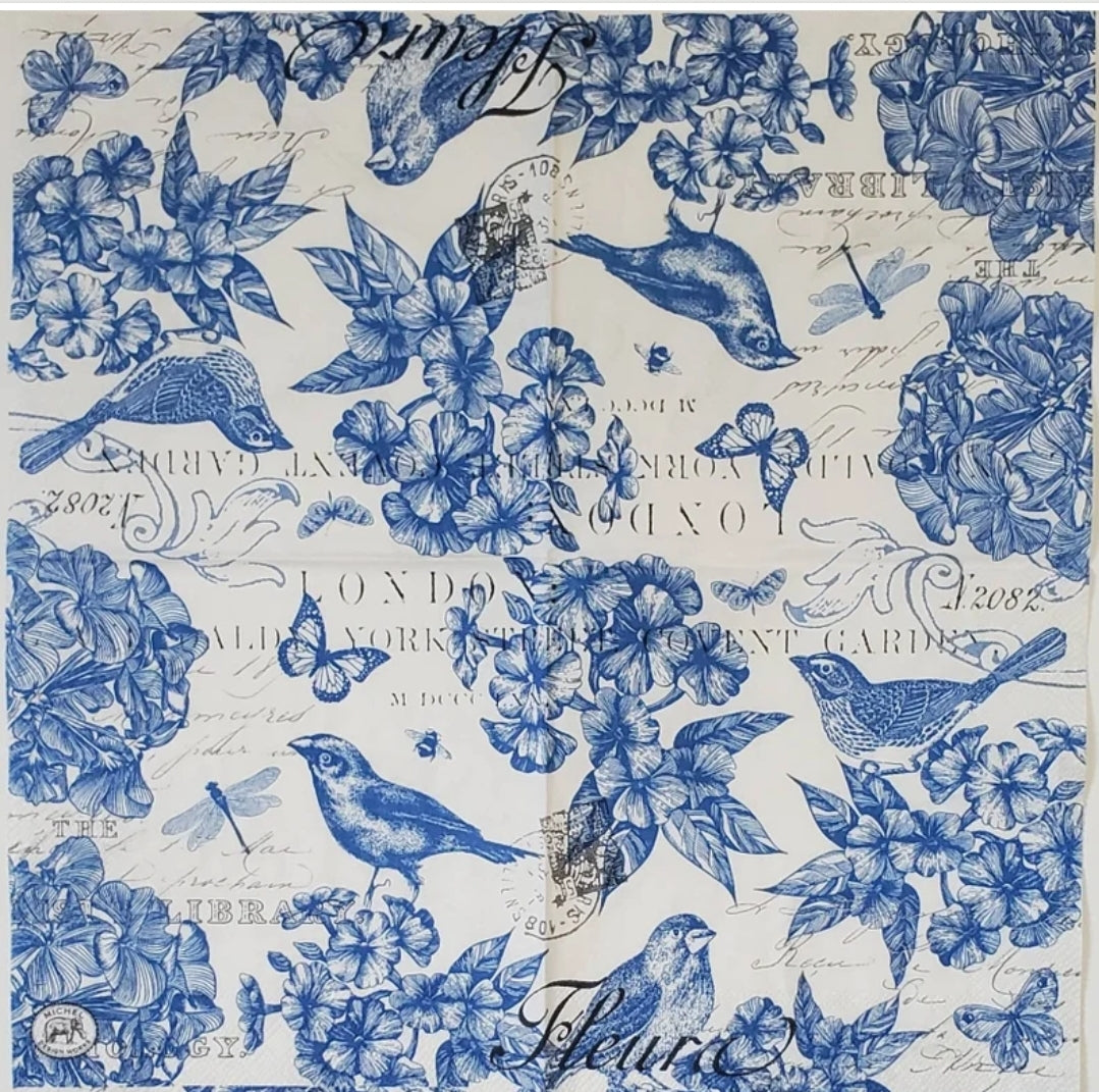 Blue & Cream Birds Floral Cocktail Size Napkins