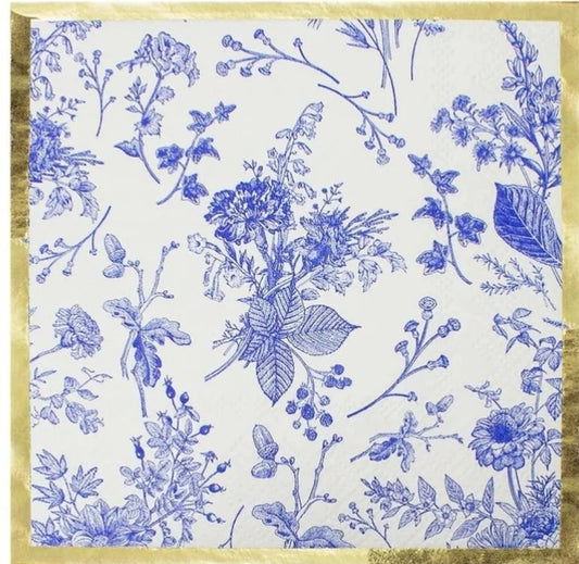 Blue & White Flower Toile Cocktail Size Napkins