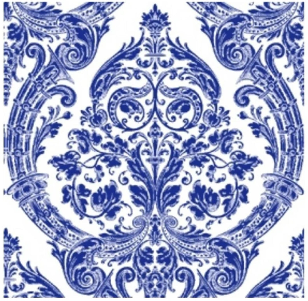 Blue & White Damask Scroll Cocktail Size Napkins