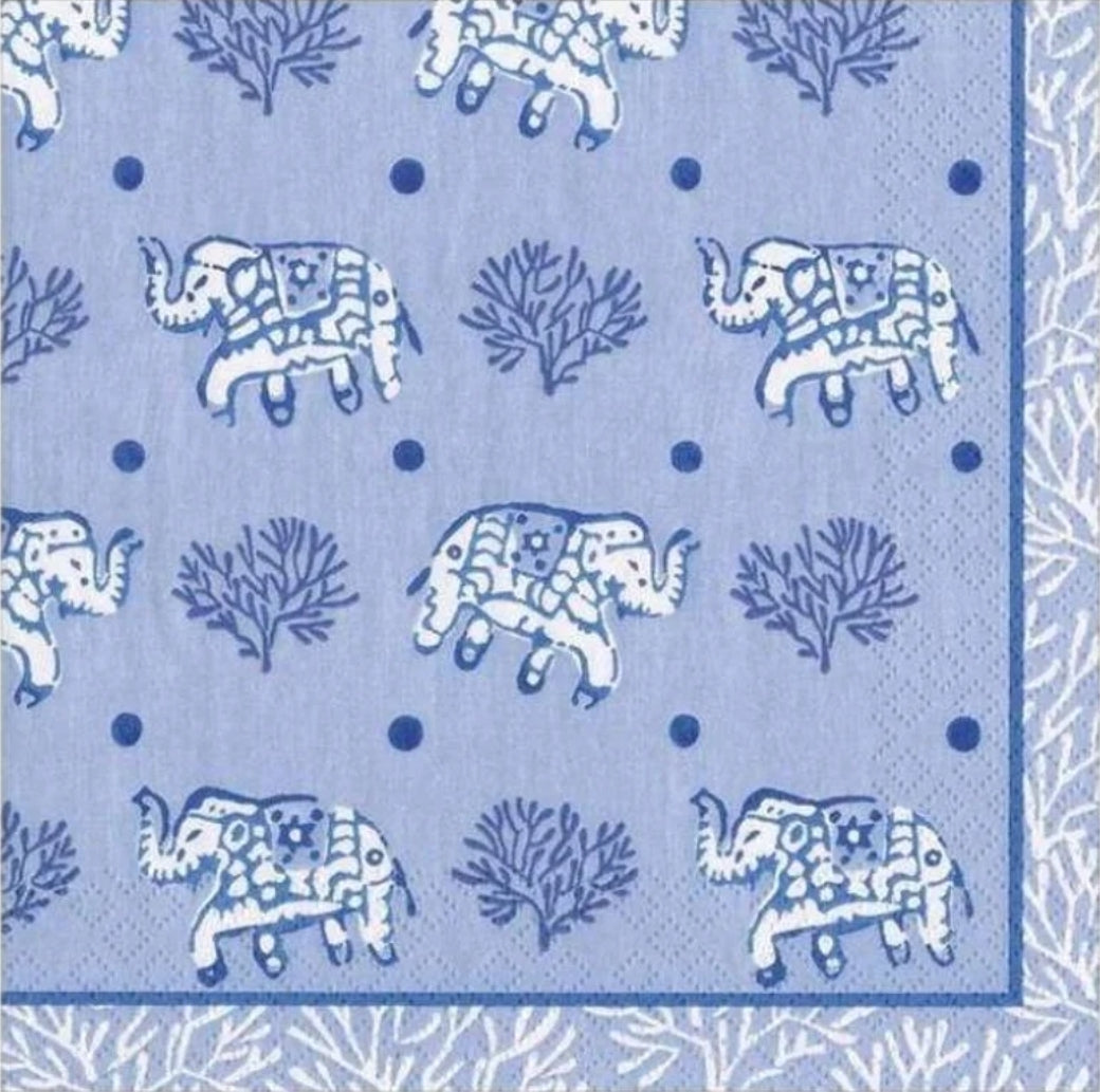 Blue & White Elephant Cocktail Size Napkins