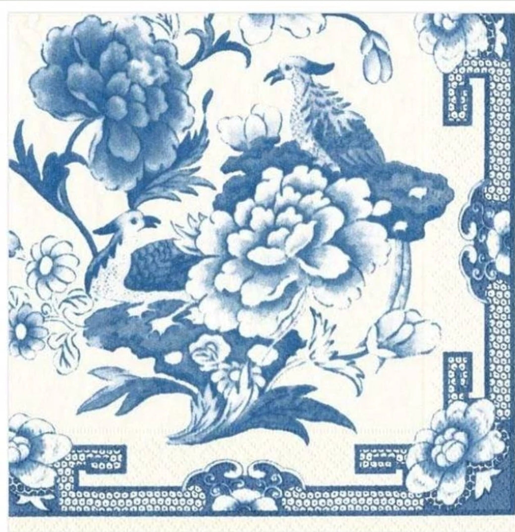 Blue & White Chinoiserie Flower Cocktail Size Napkins