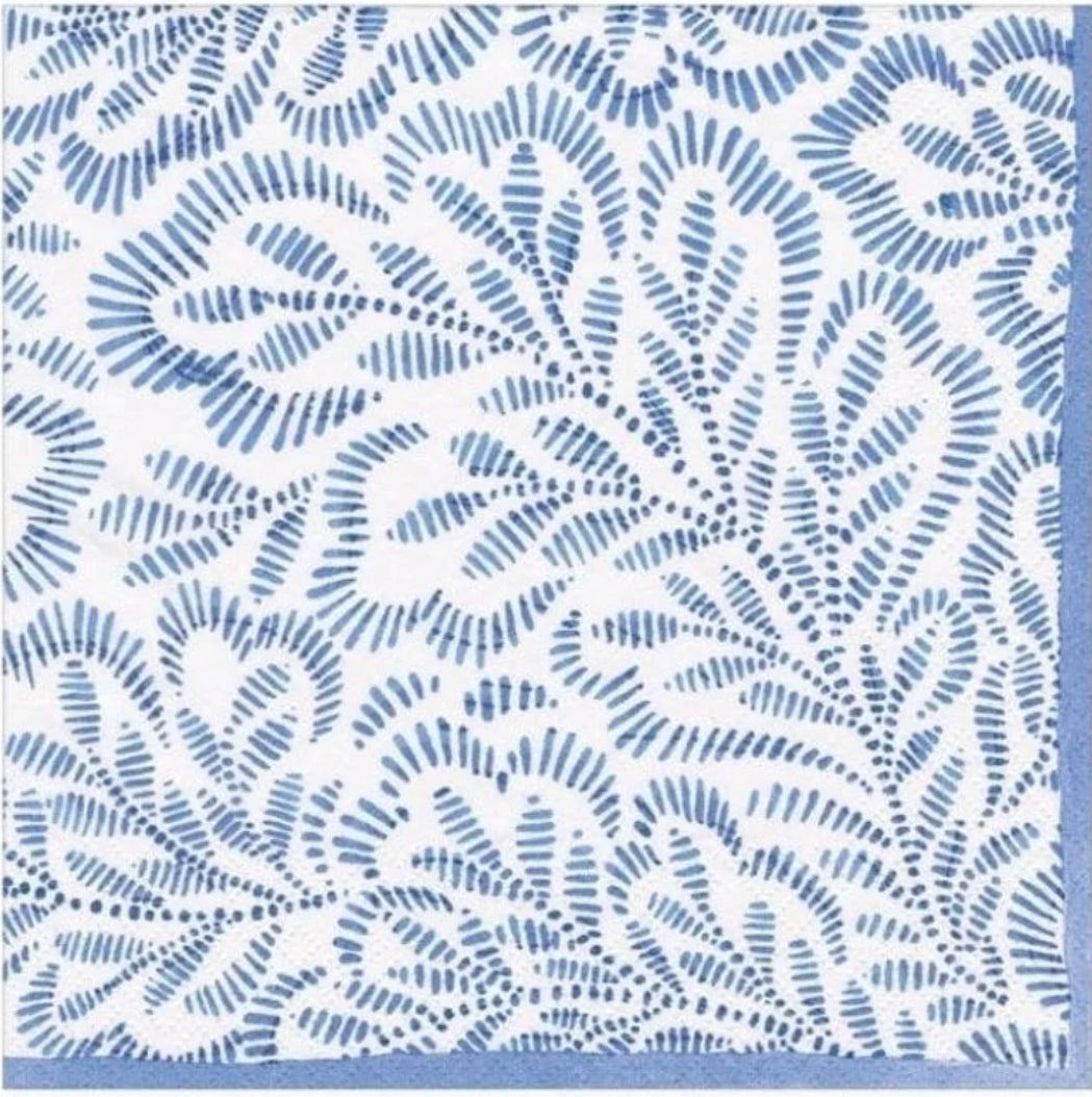 Blue & White Leaf Cocktail Size Napkins