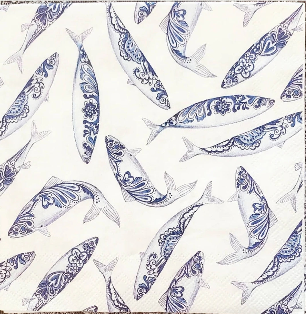 Blue & White Fish Cocktail Size Napkins