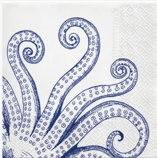 Octopus Blue & White Luncheon Size Napkins