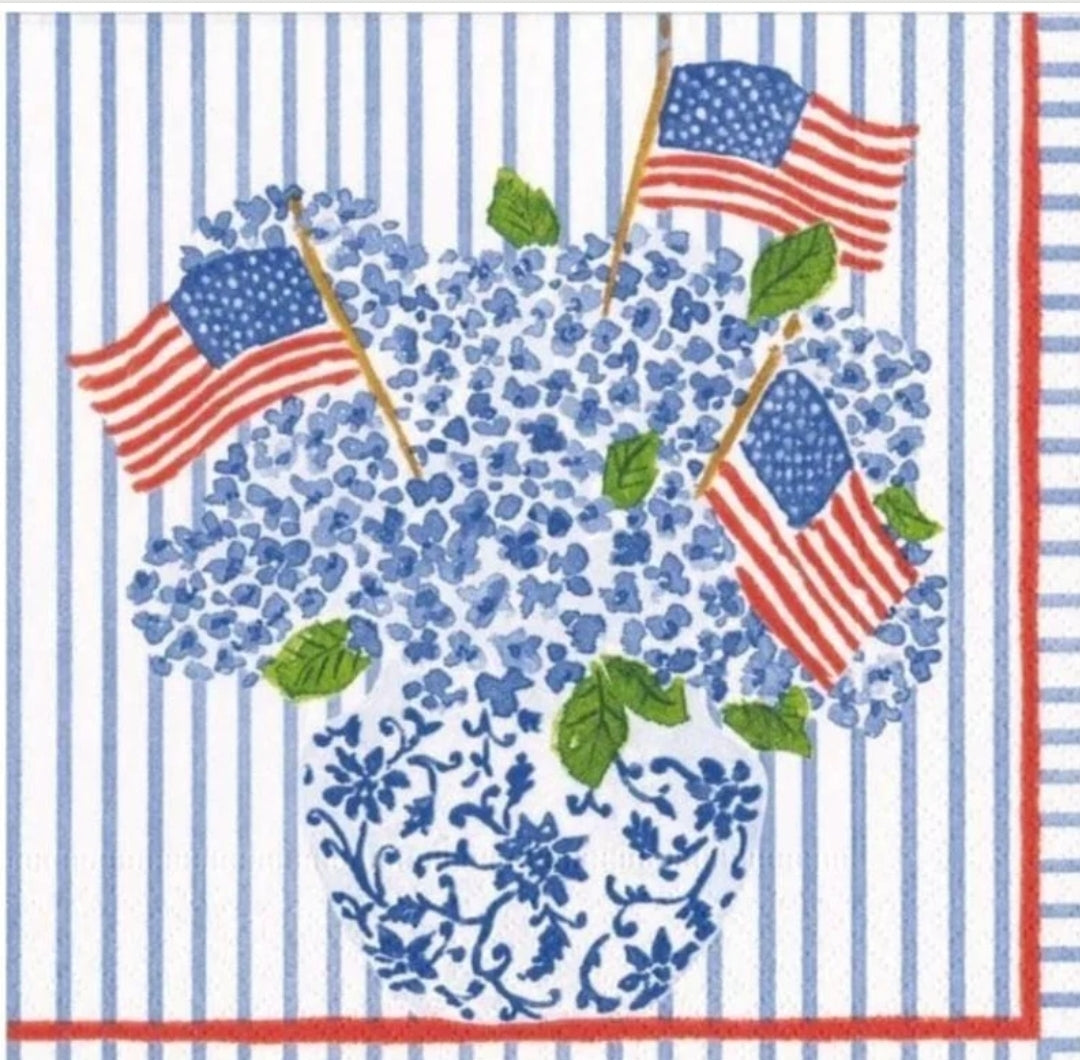 Fourth of July Chinoiserie Hydrangeas Cocktail Size Napkins