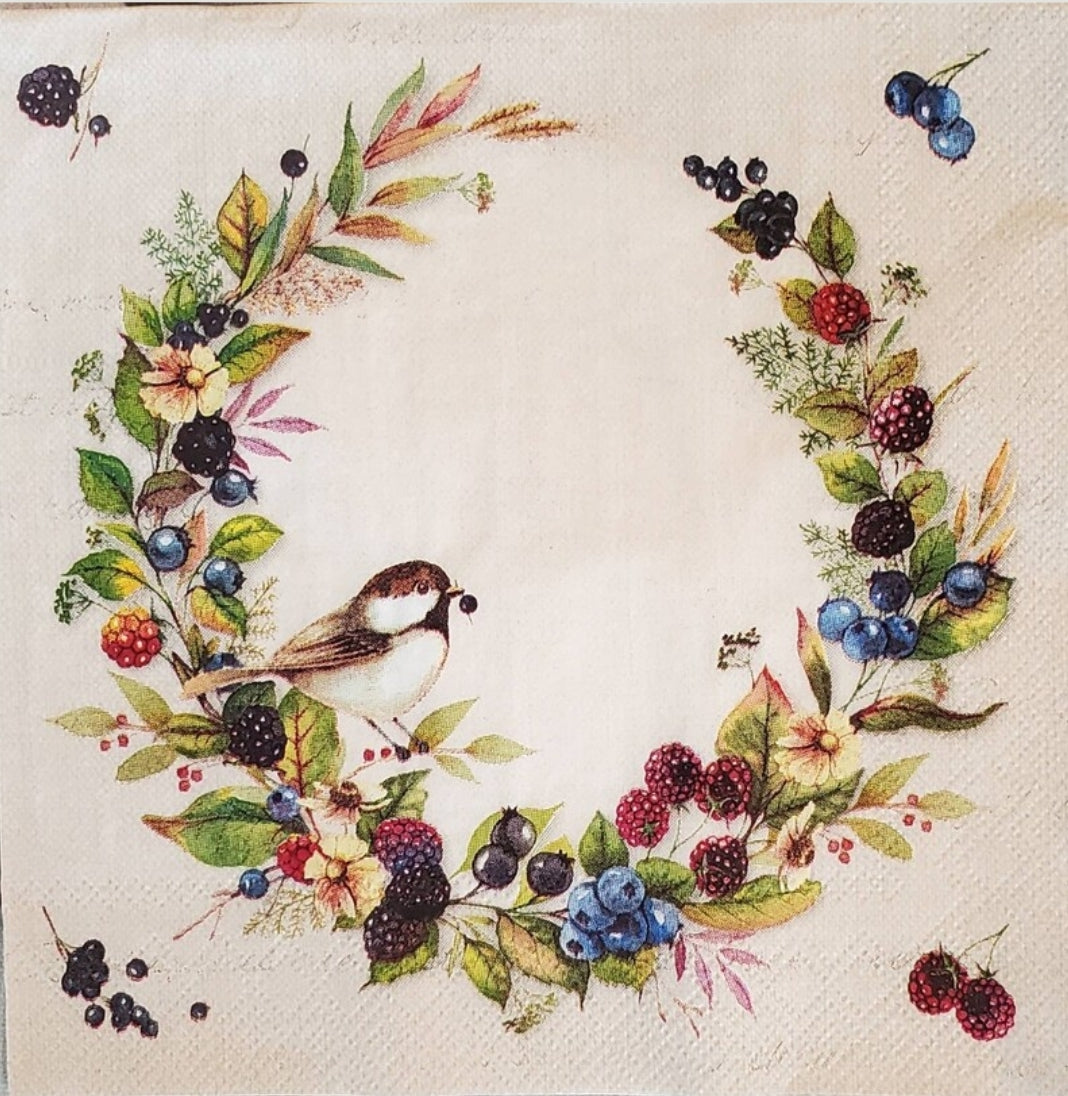 Bird in Berry Wreath Cocktail Size Napkins