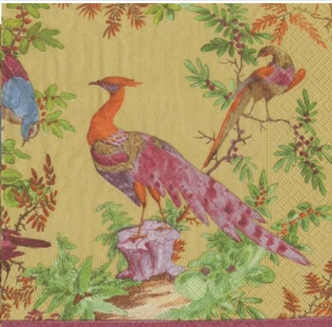 Pheasant Chinoiserie in Gold Cocktail Size Napkins