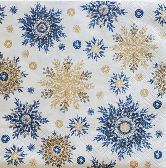 Snowflakes Blue & Gold Luncheon Size Napkins