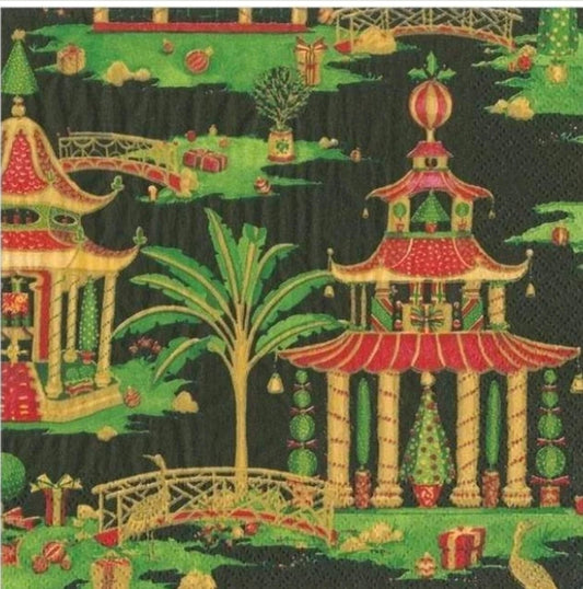 Beach Christmas Pagoda Black Cocktail Size Napkins