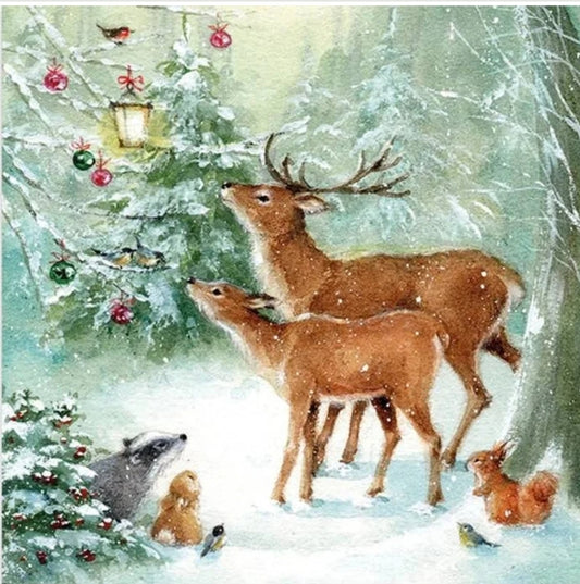 Deer in Christmas Forest Cocktail Size Napkins