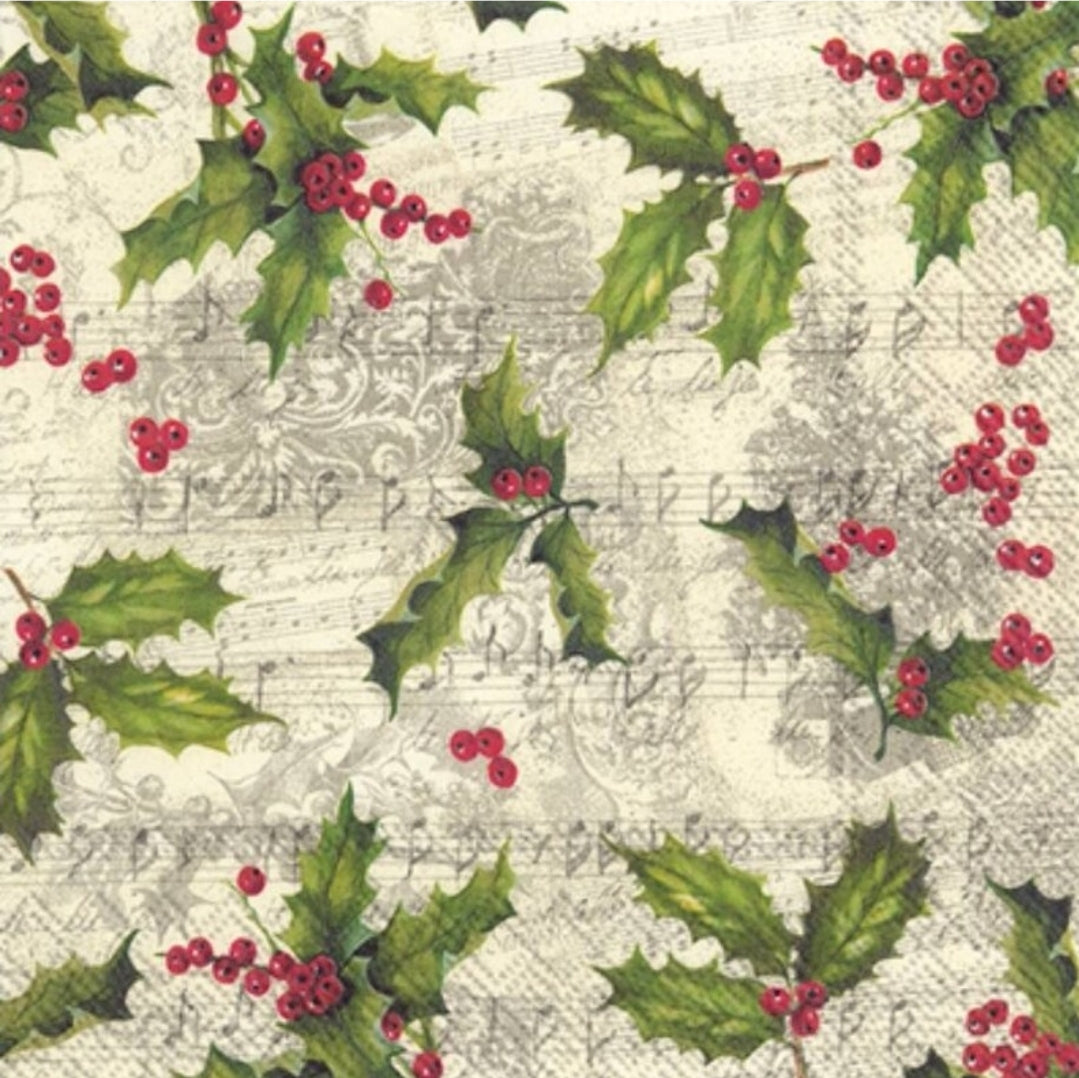 Vintage Christmas Holly & Music Cocktail Size Napkins