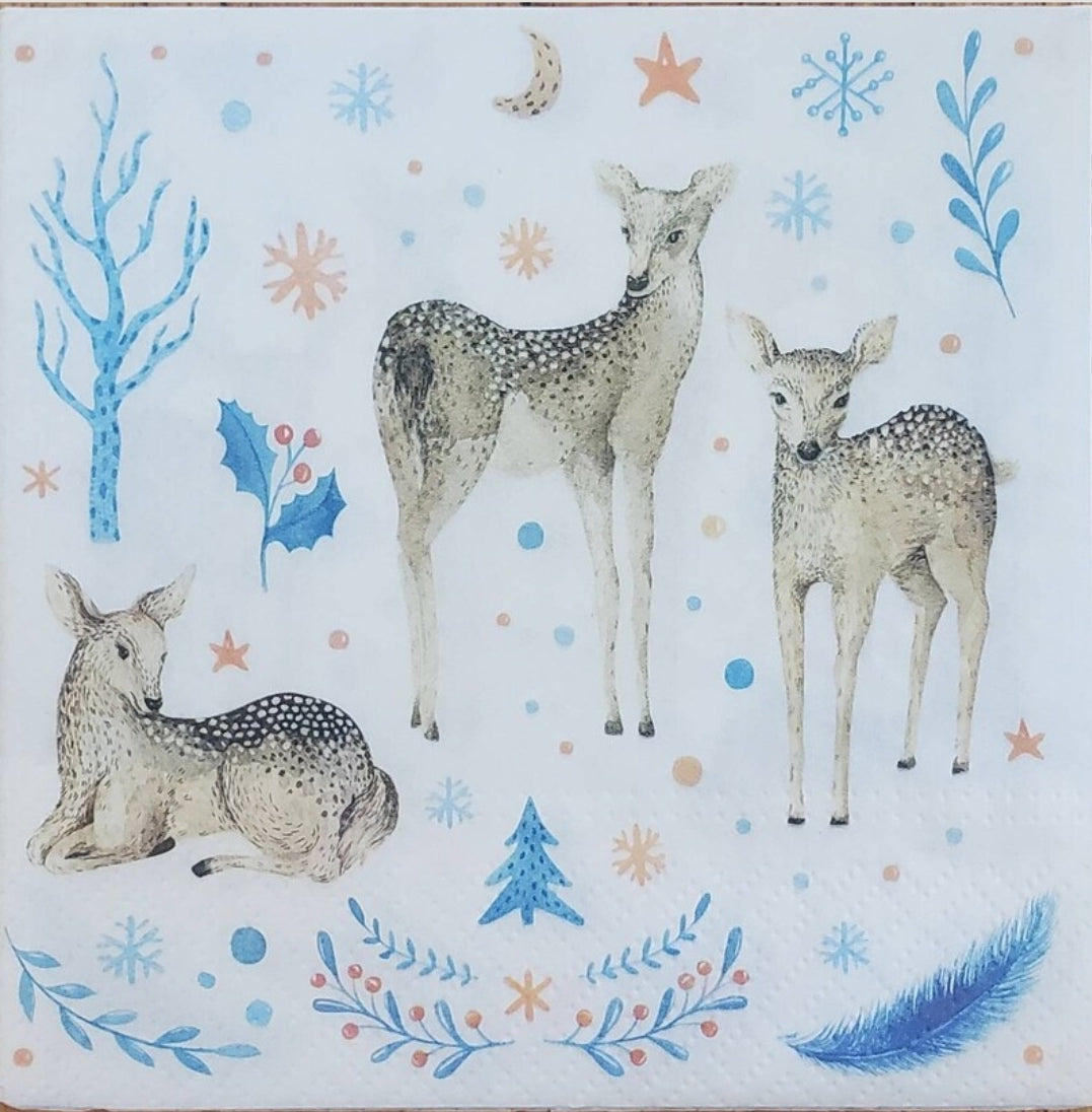 Deer Christmas Blue Forest Luncheon Size Napkinss