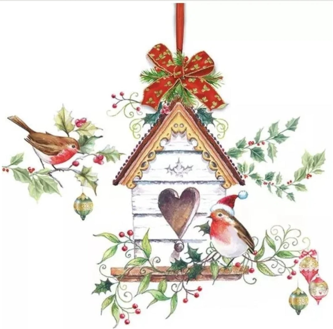 Christmas Robins in the Birdhouse Luncheon Size Napkins