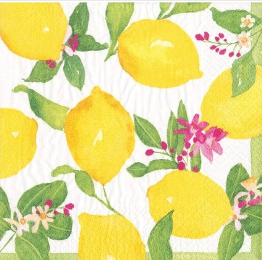 Lemon & Pink Flowers Cocktail Size Napkins