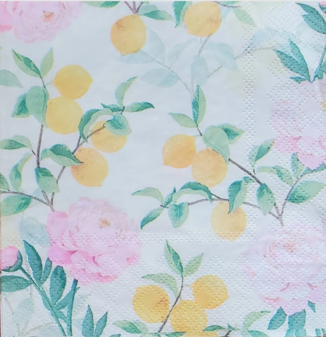 Lemon & Pink Roses Cocktail Size Napkins