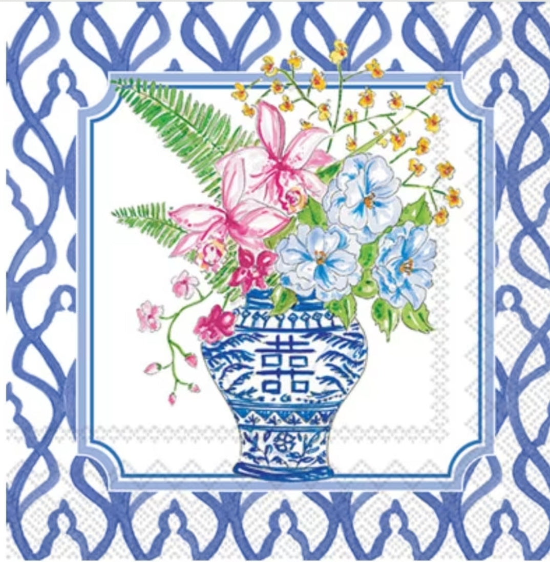 Blue Chinoiserie Flowers in Urn Cocktail Size Napkins