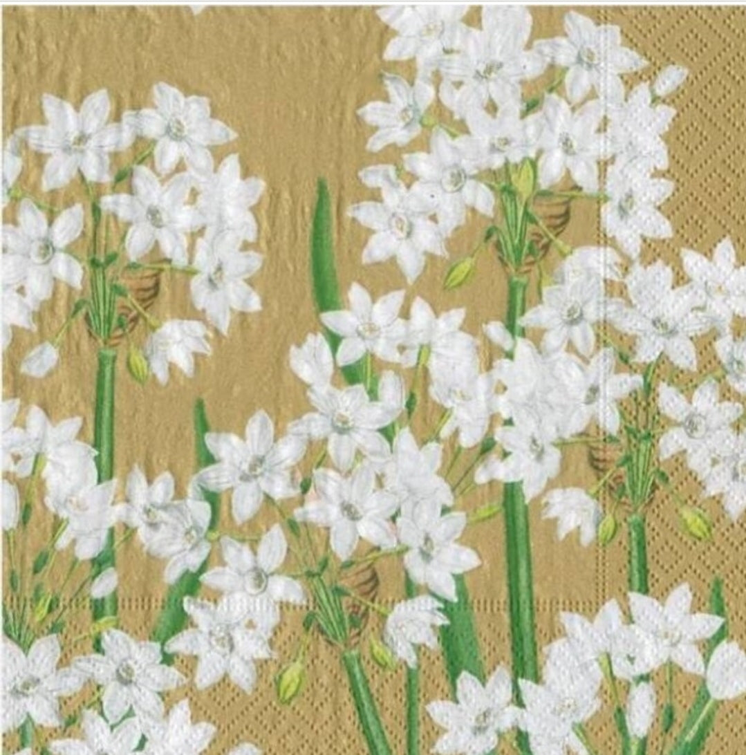 White Flowers on Gold Cocktail Size Napkins