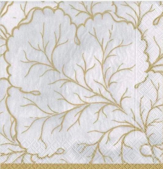 White Marble Leaf with Gold Cocktail Size Napkins