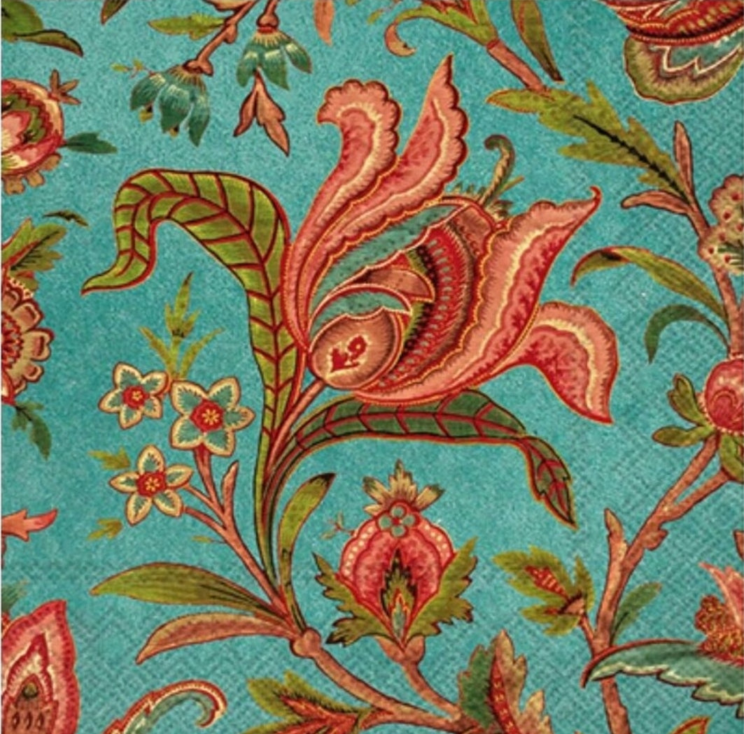 Teal Jacobean Orange Flower Cocktail Size Napkins