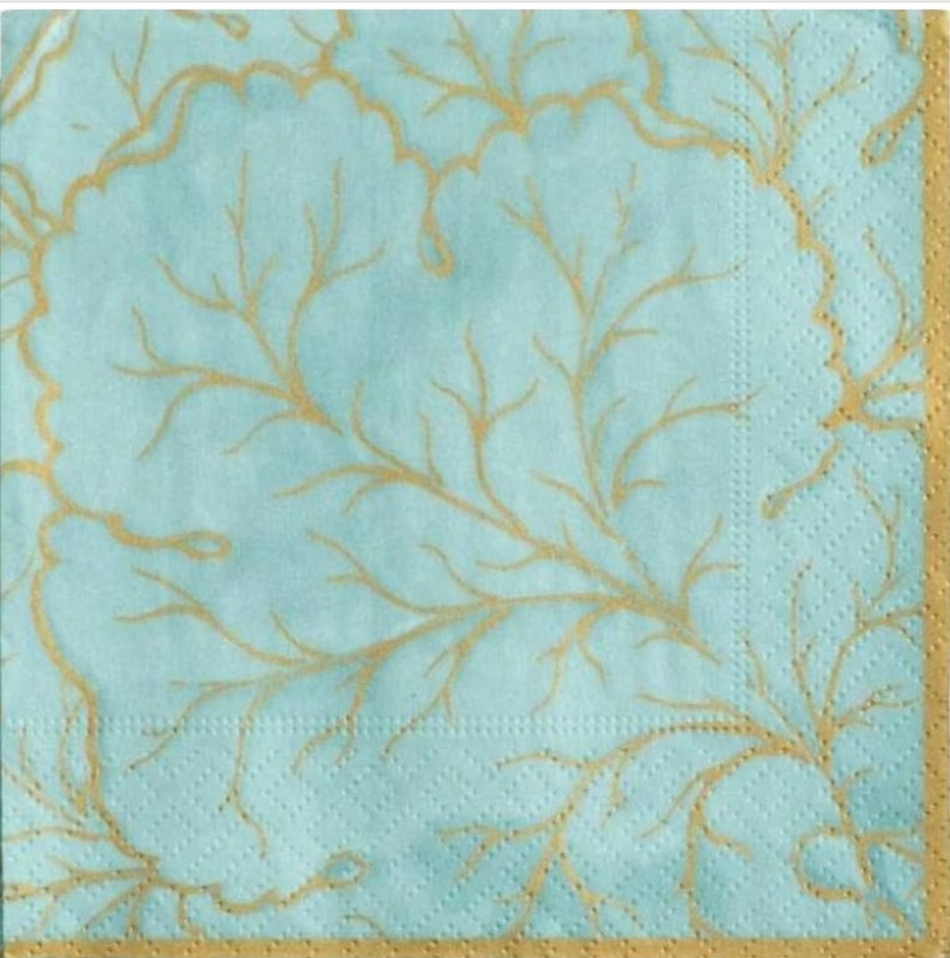 Teal & Gold Marble Leaf Cocktail Size Napkins