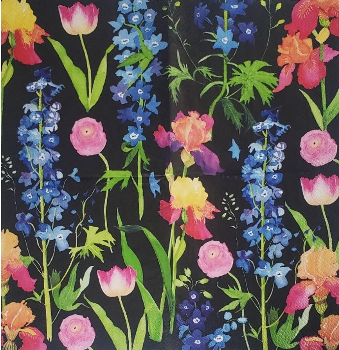 Watercolor Delphinium Iris Flowers Scatter Black Cocktail Size Napkins