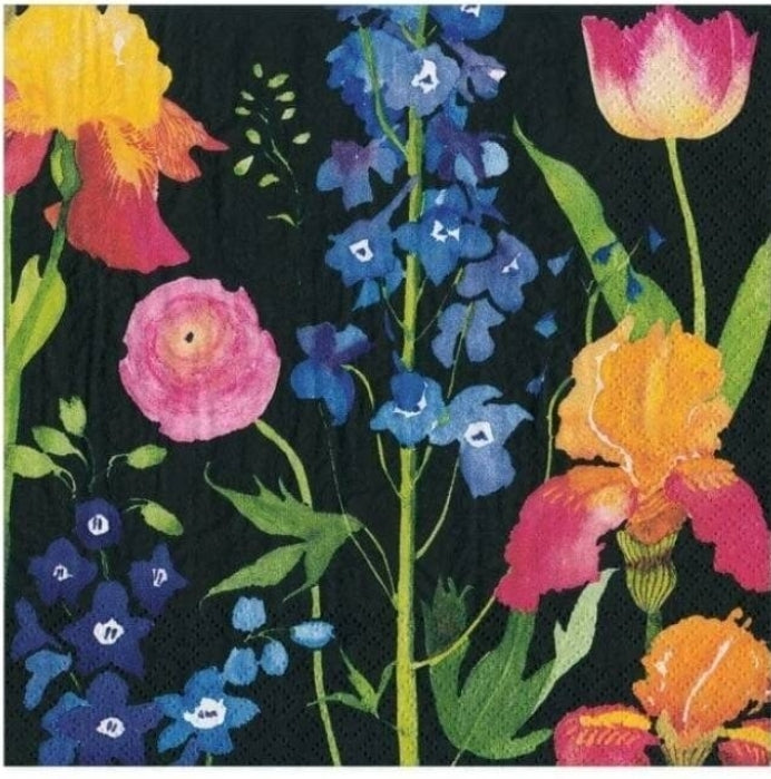 Watercolor Delphinium Iris Flowers Scatter Black Cocktail Size Napkins